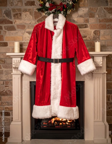 Festive Red Santa Coat Hanging on Stone Fireplace Mantel with Christmas Wreath