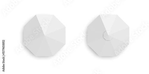Awnings top view. Gazebo parasol in octagon shape. Event or beach sunshades with shadows. Sun protection tents. Market canopy mockups isolated on white background. Vector realistic illustration.