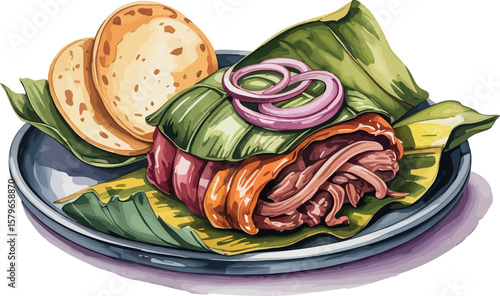 a traditional Latin American dish, likely Cochinita Pibil, served wrapped in banana leaves. Tender, slow-cooked shredded meat is presented with pickled red onions and fresh corn tortillas