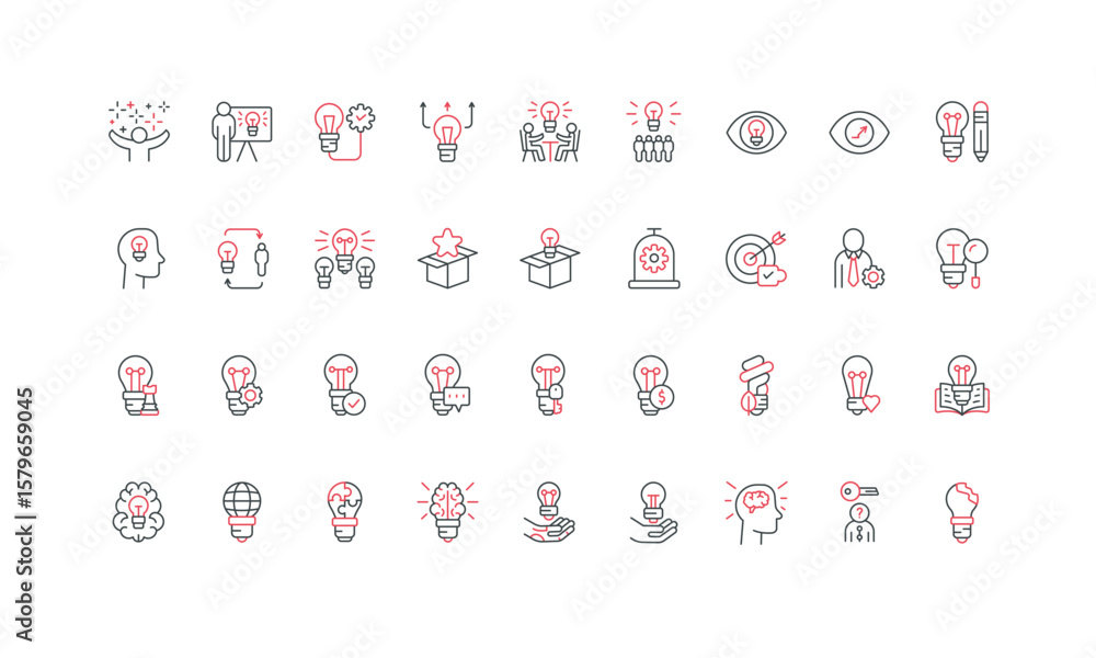 Naklejka premium Creative idea, smart solution search and brainstorm, evolution of innovation and invention line icon set. Light bulb and key, gear and money thin black and red outline symbols vector illustration