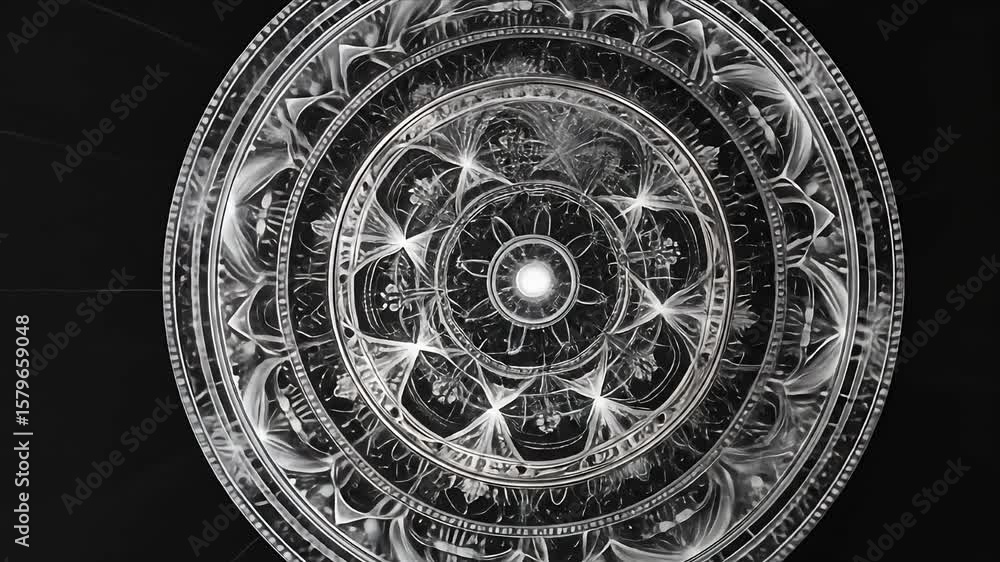 Intricate, symmetrical circular design with ornate patterns, black background