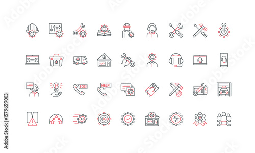 Repair and maintenance service, effective customer service and truck, guide line icon set. Engineering, fast installation and fix error, recovery thin black and red symbols vector illustration