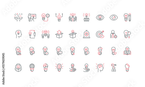 Creative idea, smart solution search and brainstorm, evolution of innovation and invention line icon set. Light bulb and key, gear and money thin black and red outline symbols vector illustration