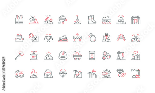 Mining, coal mine and miners tools, mineral ore and gold, diamond extraction, crusher machine line icon set. Ground layers and tunnel, conveyor thin black and red outline symbols vector illustration