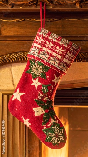 Red Christmas Stocking Hanging near Fireplace with Firelight at Winter Holiday