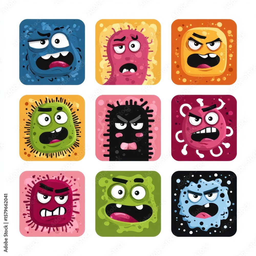 Fototapeta premium Microbe Squad: An eye-catching pattern of quirky, cartoon microbes in square frames, each with a unique expression, illustrating the diverse nature of the microscopic world.