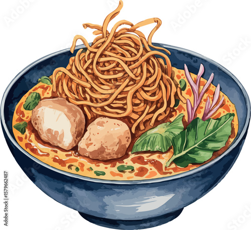 A watercolor illustration of Khao Soi, presenting a Northern Thai coconut curry noodle soup with crispy noodles on top, tender chicken, and pickled mustard greens