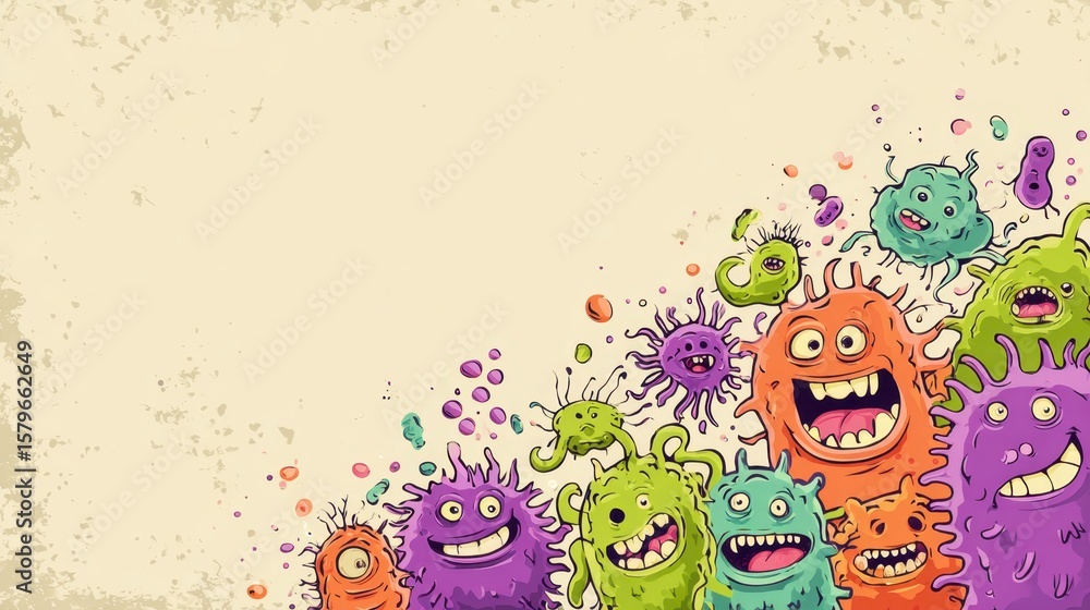 Naklejka premium A Playful gathering of microbes: An animated, illustrative depiction of a variety of vibrant and friendly microbes, suggesting a scene of animated activity. 
