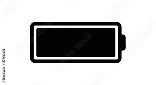 A simple black and white graphic illustration of a fully charged battery icon on a plain white background.
