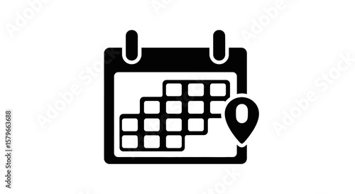 Calendar icon with location pin, scheduling, appointment reminder, date, place.