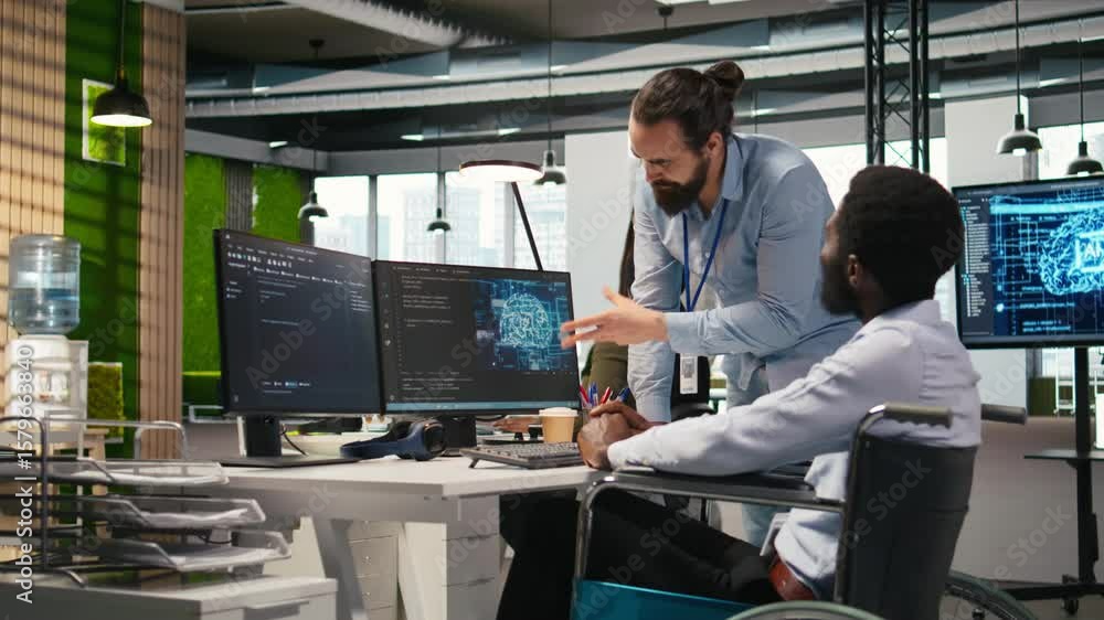 Manager supervising developer with paraplegia writing code, developing deep learning APIs. Supervisor overseeing work done by IT expert in wheelchair troubleshooting software errors using AI, camera A