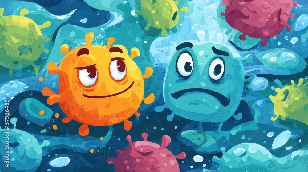 Obraz premium Comic Microbe Interactions: Colorful cartoon microbes with expressive faces engage in dynamic interactions, creating a playful yet informative visualization of the unseen world of microorganisms.
