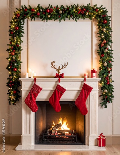 Festive Christmas Fireplace Decoration with Red Stockings and Garland and Candles