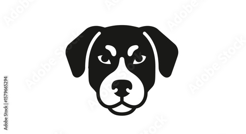 A stylized black and white illustration of a dog's head, possibly a beagle, with serious expression.