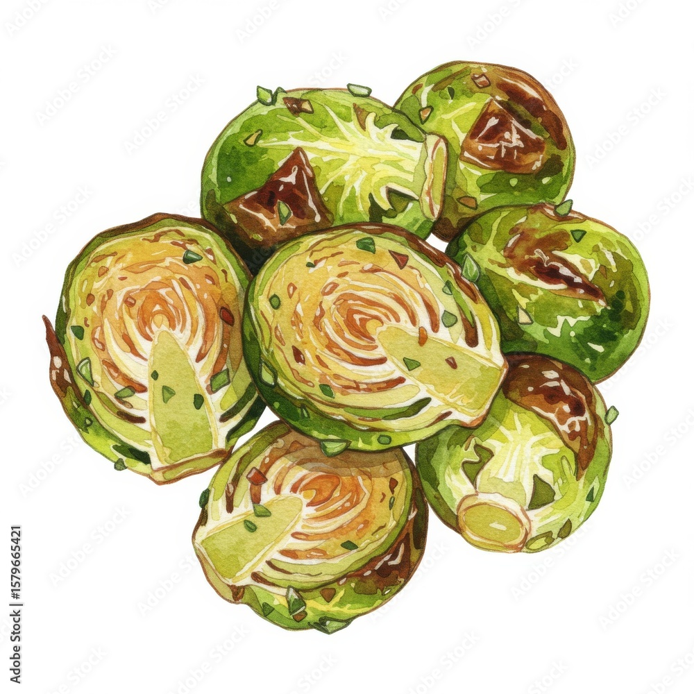 Obraz premium Roasted Brussels Sprouts Watercolor Illustration