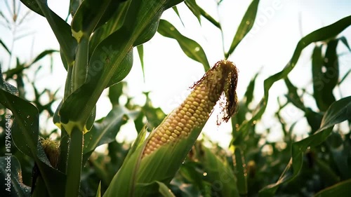 Ears of Corn on Stalks in Field During Sunny Day With Green Leaves