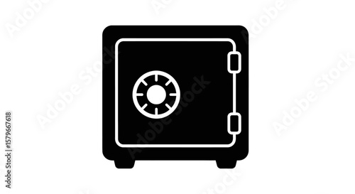 Black and white illustration of a closed safe with a combination lock and hinges.