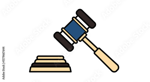Illustration of a gavel poised above a sound block, symbolizing law, justice, and legal proceedings.