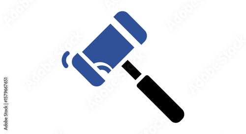 Blue and black gavel striking down, with sound waves emanating from the impact point, against a white background.