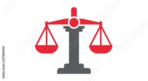 A stylized illustration of a balanced justice scale, rendered in red and gray, symbolizing fairness.