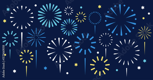 2026年の花火背景イラスト（青背景・人物なし） | ベクター アイキャッチ