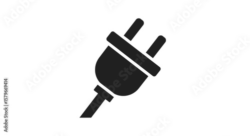 Simple black and white illustration of an electrical plug with prongs and a cable.