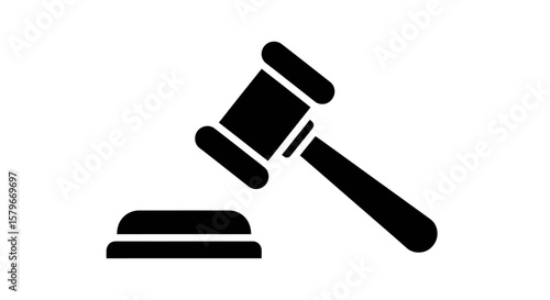 Black silhouette illustration of a gavel poised above a sound block, symbolizing law, justice, or auction.