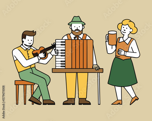 Two musicians performing live music in a vibrant Biergarten, featuring accordion and guitar, as enthusiastic visitors applaud and enjoy the lively atmosphere