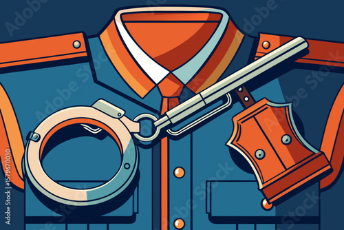 Close-up of police baton and handcuffs resting on uniform belt, showcasing folds and textures of fabric, emphasizing law enforcement tools and their significance in duty