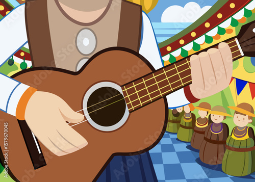 Close-up of hands skillfully playing guitar at a vibrant summer street fair, with colorful decorations and cheerful atmosphere enhancing the festive experience