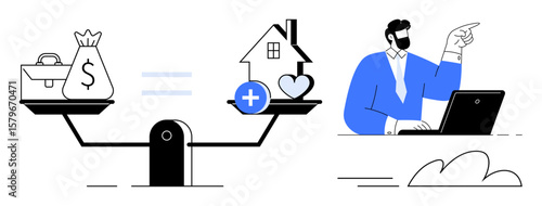 Scales weigh money bag against house and heart icon as a business person gestures at a laptop. Ideal for finance, decision-making, priorities, life-work balance, home investment, personal values