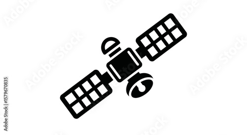 A simple black silhouette of a communications satellite in space.