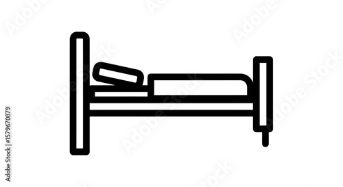 Simple black and white line drawing of a bed with a pillow and blanket.