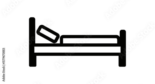 Simple black and white graphic illustration of a bed with a pillow, representing rest.