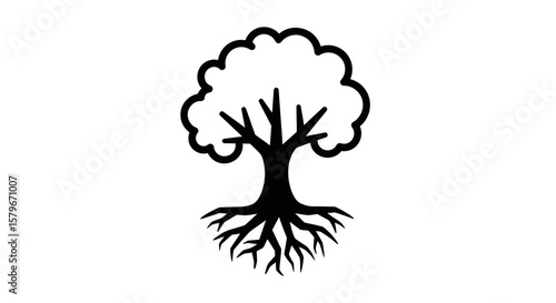 Simple black and white graphic of a tree with its roots.