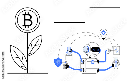 Robot multitasking with tools thumbs up lab flask, shield, and lightbulb beside Bitcoin plant, symbolizing cryptocurrency, blockchain, and innovation. Ideal for finance, investment, AI fintech