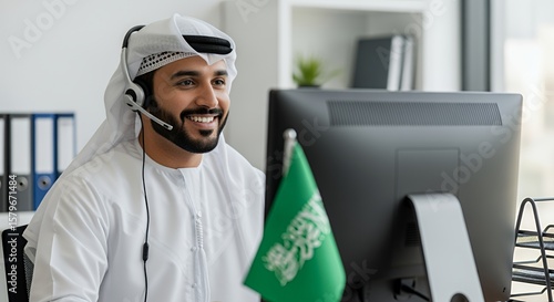 Smiling Arabian Man Works From Home Office