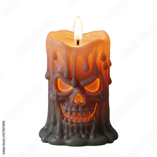 Spooky halloween candle with a skull face and dripping wax. Great for themed decorations and spooky designs.