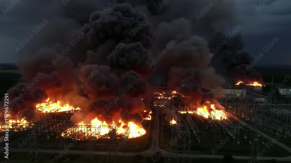 Burning Power Plant Spewing Black Smoke with Intense Fire and Damage in Green Landscape Darkened Skies Energy Disaster Burning Power Plant Spewing Black Smoke with Intense Fire and Damage in Green Landscape Darkened Skies Energy Disaster