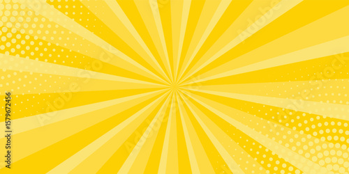 Yellow abstract background with light of sunburst. yellow starburst with halftone. sun ray retro background with flash