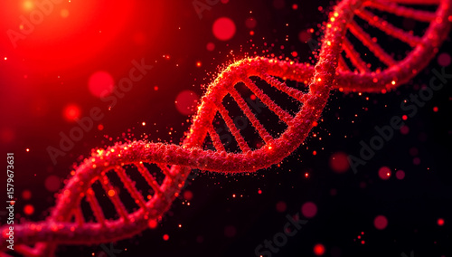 Vibrant red dna helix structure illuminated with sparkling particles against a dark bokeh filled background