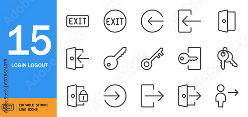 Login logout icon set. Minimalist vector line icons for apps. Includes entrance, exit, key, door symbols. Editable outline graphics. DEALPOL branding.