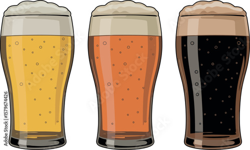  featuring three glasses of beer with different colors, including a light ale, an amber ale, and a dark stout, each with a frothy head