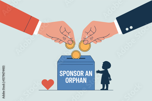Featuring hands placing coins into a donation box labeled “Sponsor an Orphan,” accompanied by a small heart icon and a child’s silhouette