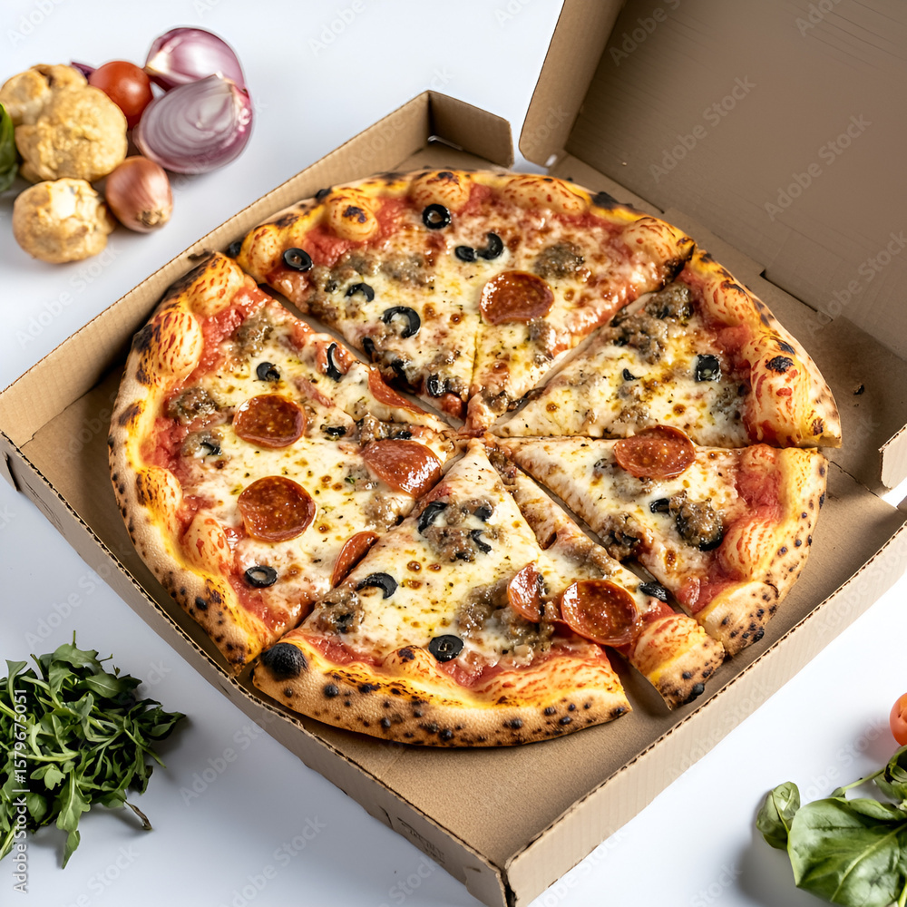 Fototapeta premium Vegetarian pizza in the shape of a heart, cut into slices and garnished with basil and green herbs. Isolated on white background. Love for tasty pizza, Valentines day. Top view. 