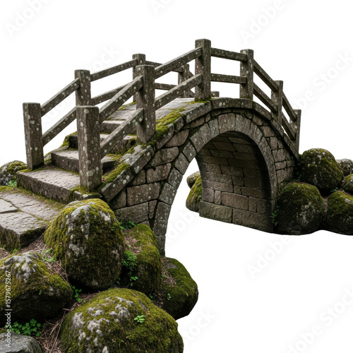 Stone bridge covered in moss. A picturesque bridge with stone steps and a wooden railing.