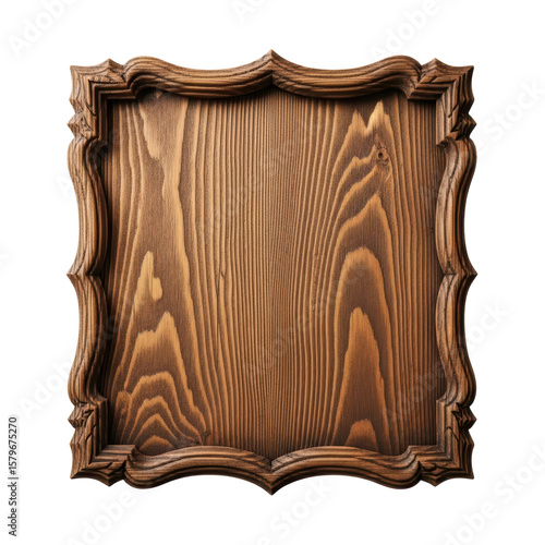 Ornate wooden frame with a brown stain. Use as a picture frame, sign, or background element.