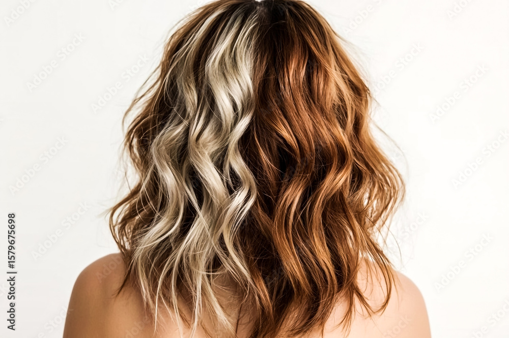 Fototapeta premium A woman s wavy medium length hair showcases a striking split dye with one side featuring light blonde and the other a warm copper