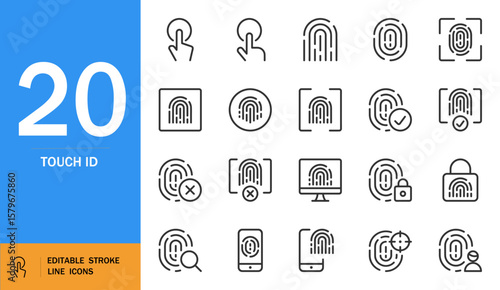 Touch ID icon set. Minimal biometric vector icons. Single-line UX design symbols. Includes fingerprint, security, unlock, access, scan, identity, and more. Editable grayscale strokes.