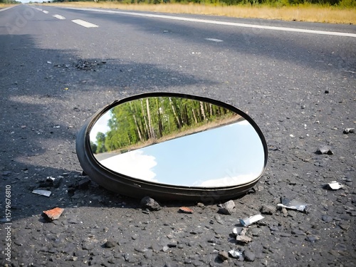 Broken car side mirror lying on asphalt road reflecting forest trees.